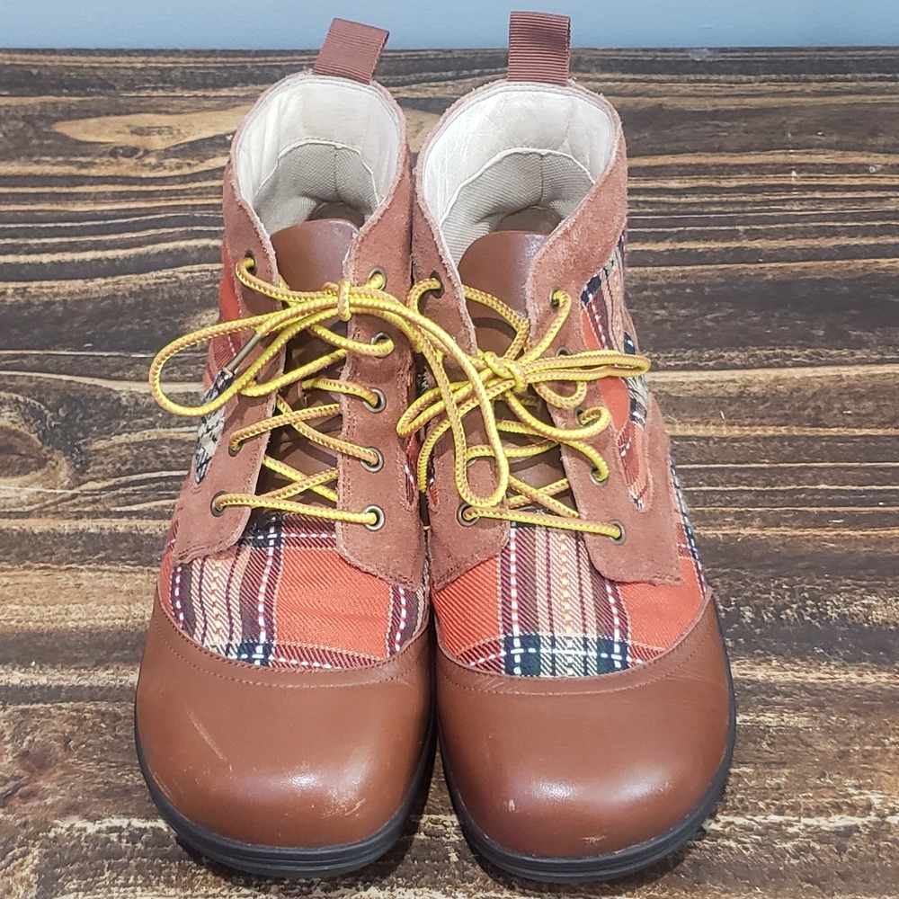 Alegria Ankle Boots Womens 8 KYL-602 Brown Leather Plaid Lace Up Good Condition - Picture 4 of 16